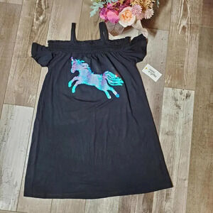 NWT Rumi + Ryder Black and Silver Sequin Unicorn Cold Shoulder Dress Girls 8-10